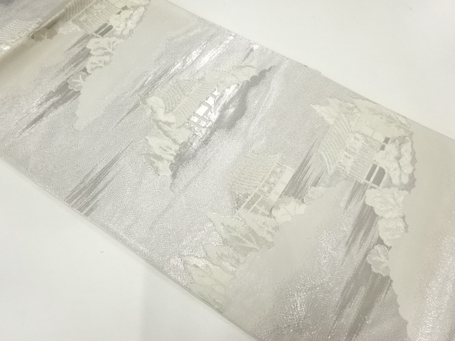 未使用品　プラチナ箔家屋風景模様織出し袋帯